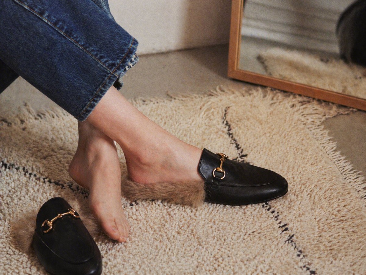 产品视觉 GPT Image 2 提示词：Luxury Fur-Lined Loafer Lifestyle Photo