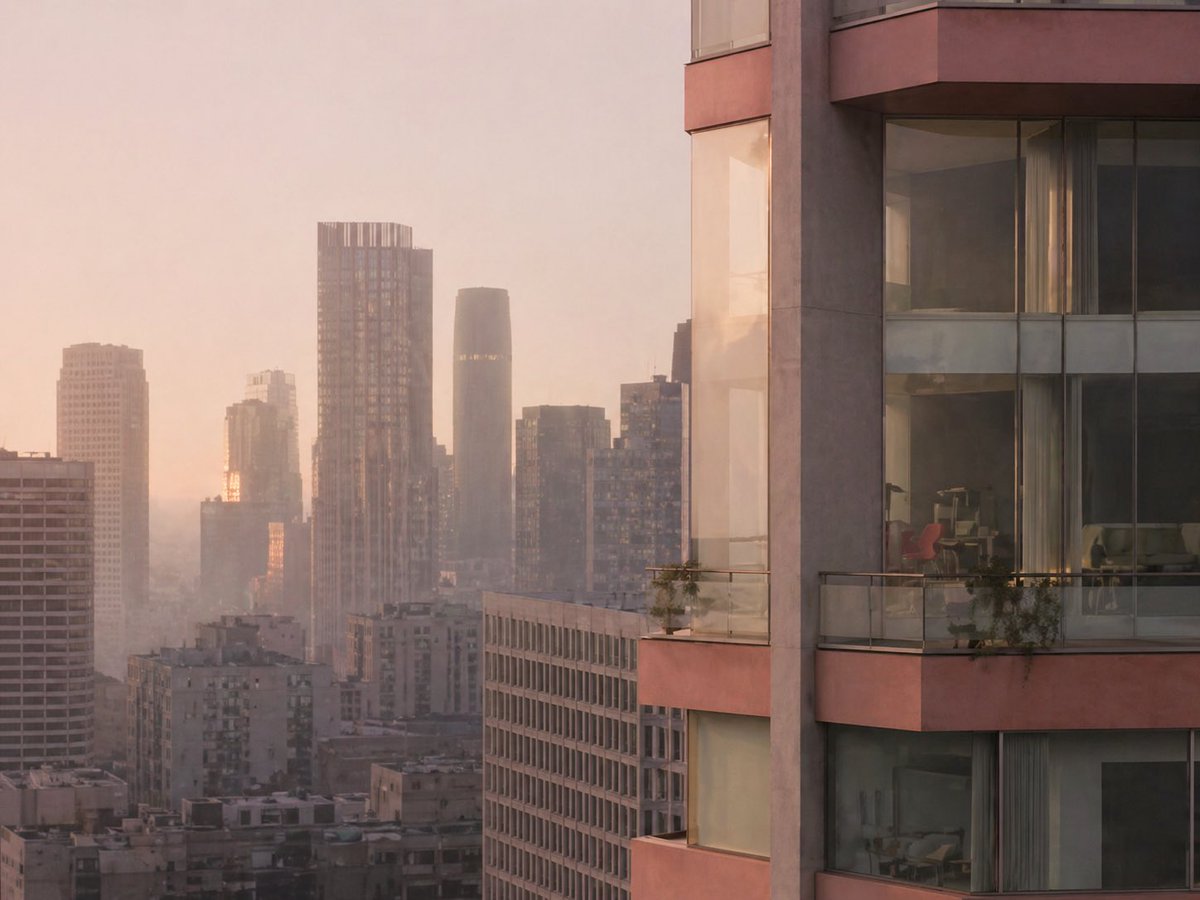 界面稿 GPT Image 2 提示词：Luxury High-Rise at Hazy Sunrise