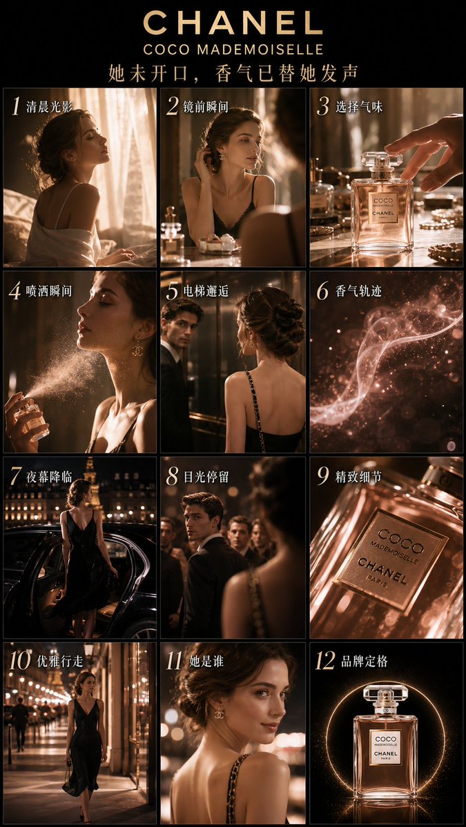产品视觉 GPT Image 2 提示词：Luxury Perfume Advertising Storyboard