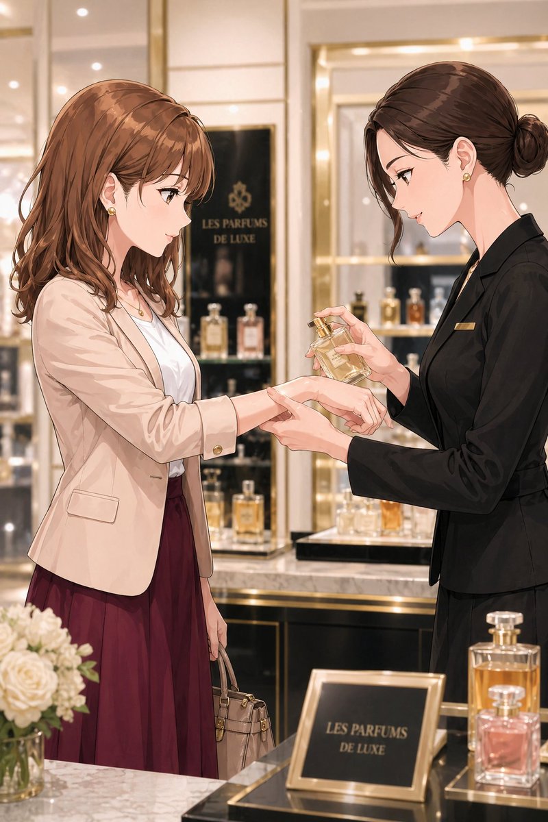 产品视觉 GPT Image 2 提示词：Luxury Perfume Counter Office Lady Scene