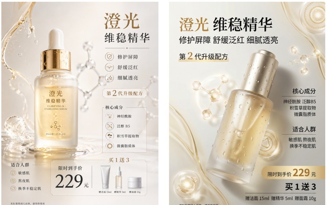 产品视觉 GPT Image 2 提示词：Luxury Serum Ad Poster Set