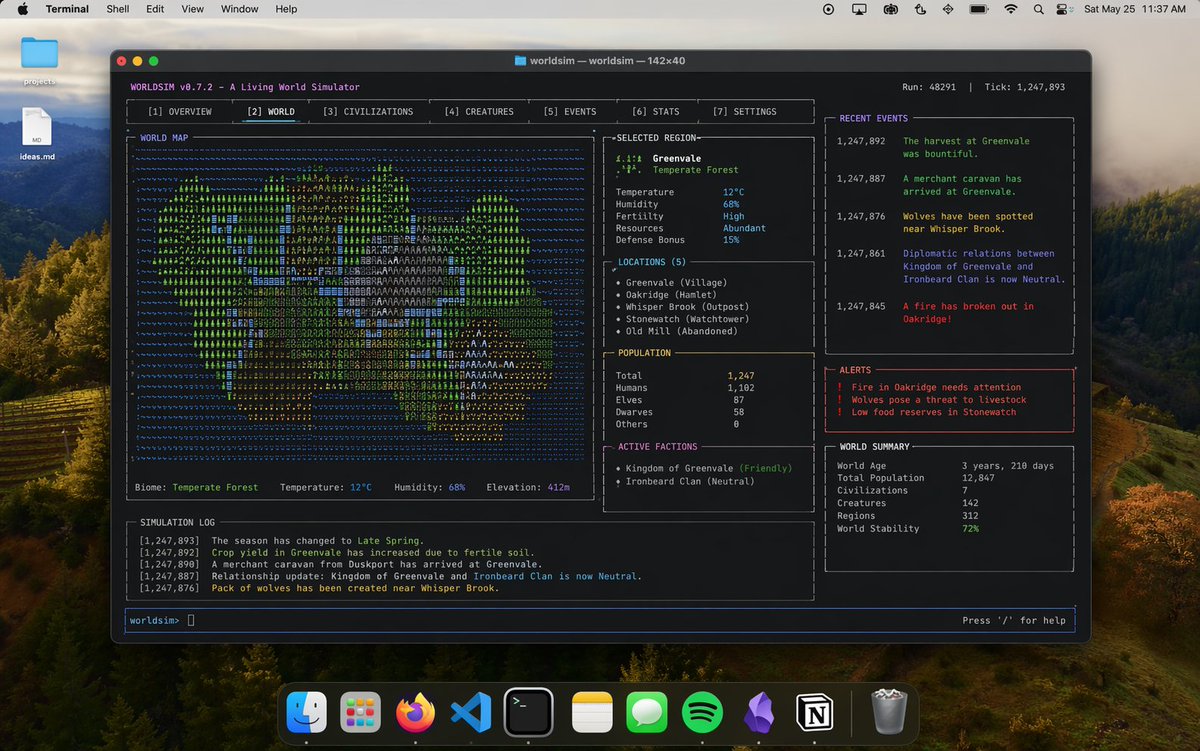 界面稿 GPT Image 2 提示词：Mac Terminal World Sim UI