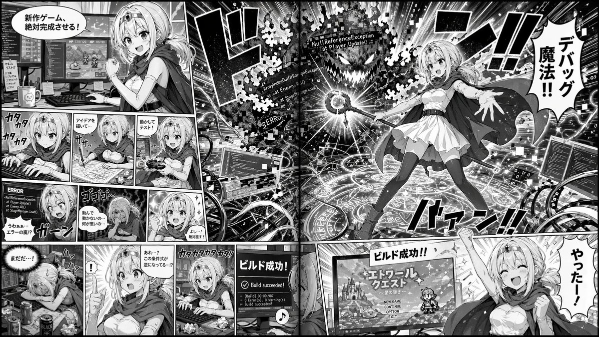 产品视觉 GPT Image 2 提示词：Manga Spread: Fantasy Game Developer