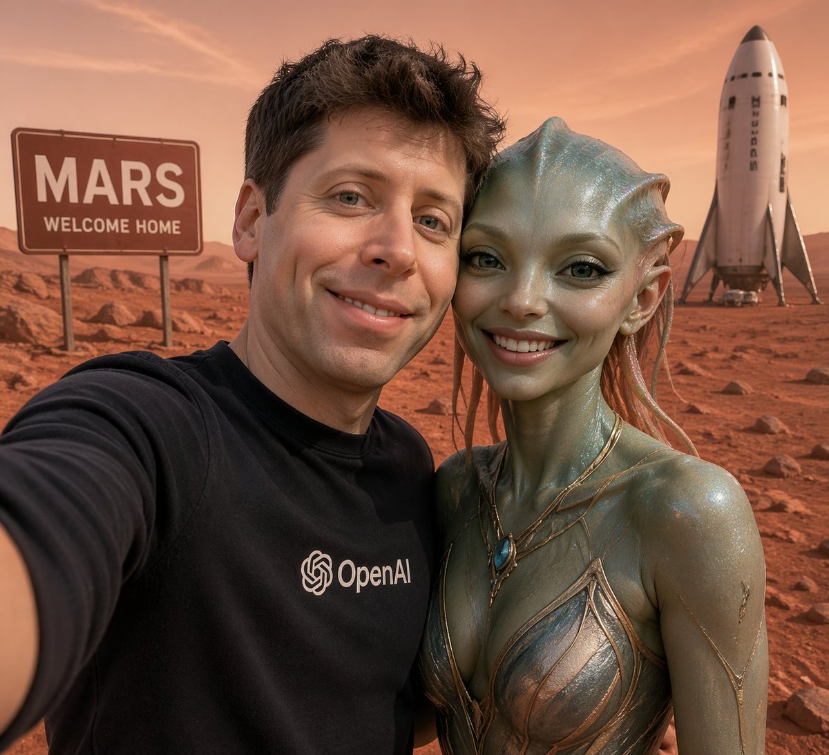 故事绘本 GPT Image 2 提示词：Mars Selfie With Alien and Rocket