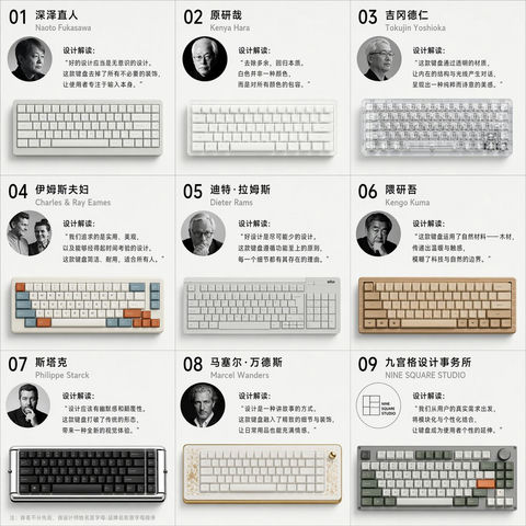 信息图 GPT Image 2 提示词：九位大师的机械键盘设计图鉴