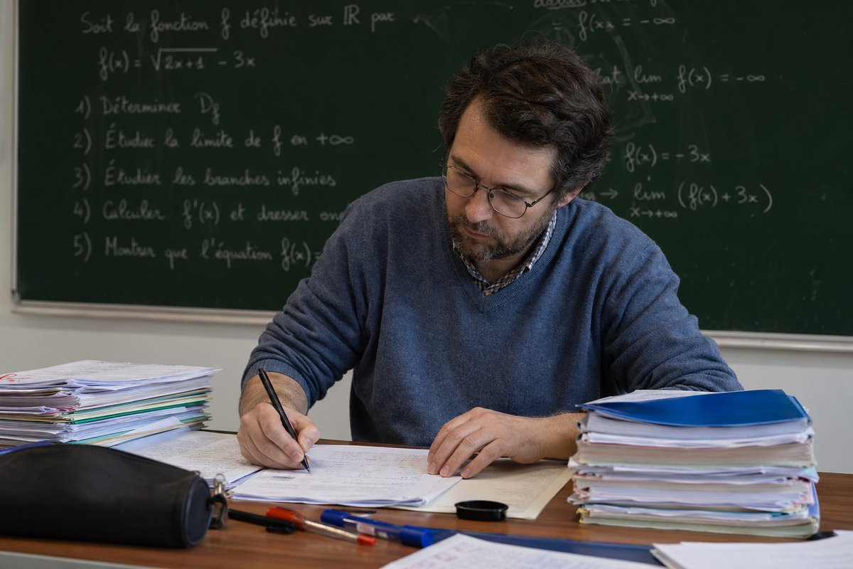教育图解 GPT Image 2 提示词：Math Teacher Grading Papers in Classroom