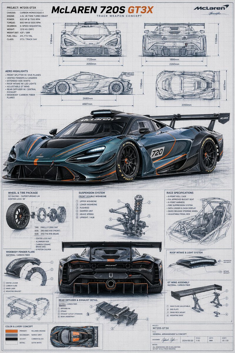 产品视觉 GPT Image 2 提示词：McLaren GT3X Technical Blueprint Poster