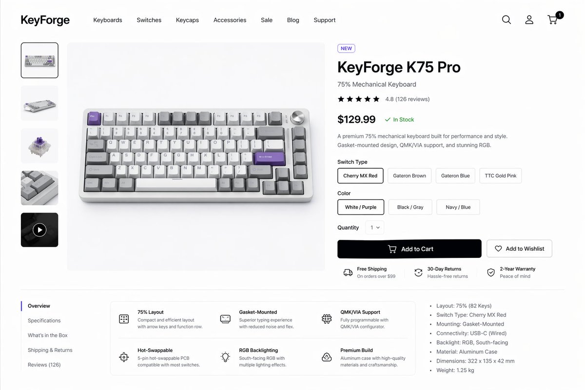 产品视觉 GPT Image 2 提示词：Mechanical Keyboard Product Page Mockup