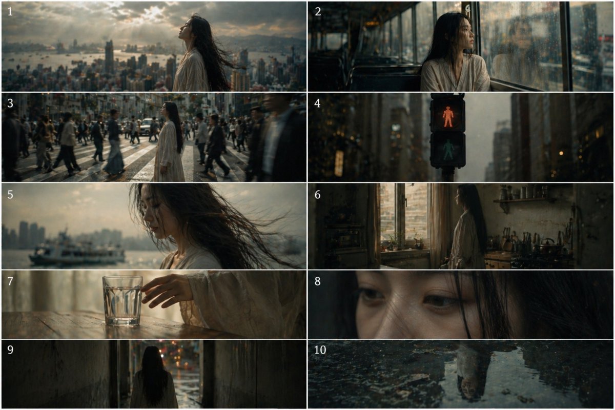 界面稿 GPT Image 2 提示词：Melancholic 10-Frame Urban Storyboard
