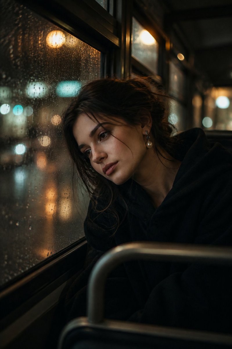 产品视觉 GPT Image 2 提示词：Melancholic Rainy Night Bus Portrait