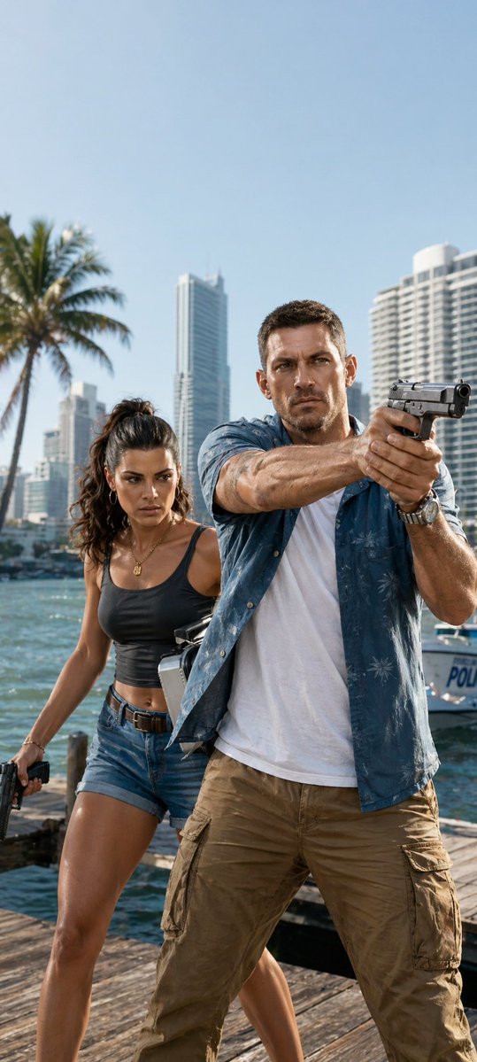 界面稿 GPT Image 2 提示词：Miami Dock Action Movie Still