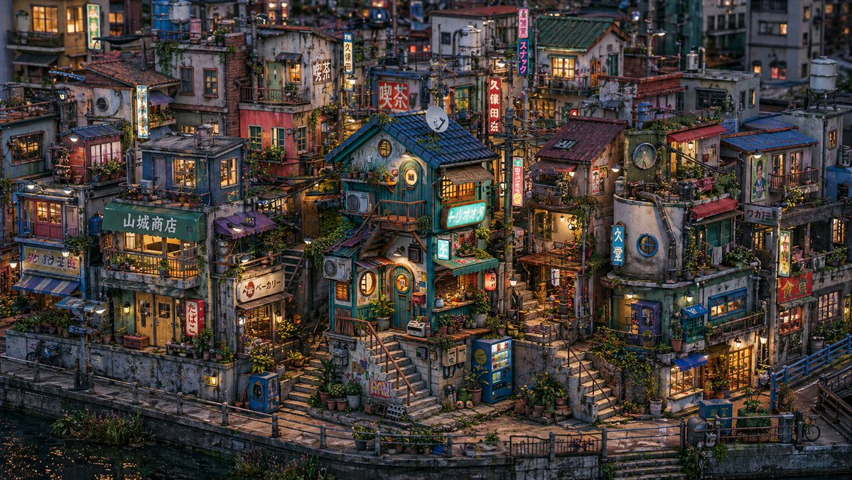 界面稿 GPT Image 2 提示词：Miniature Japanese Canal Town at Dusk