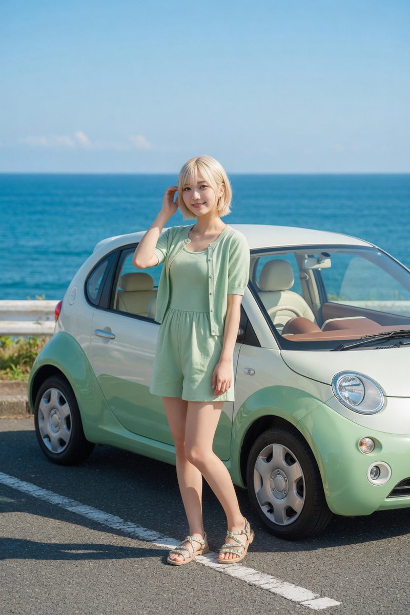 界面稿 GPT Image 2 提示词：Mint Compact Car by the Sea