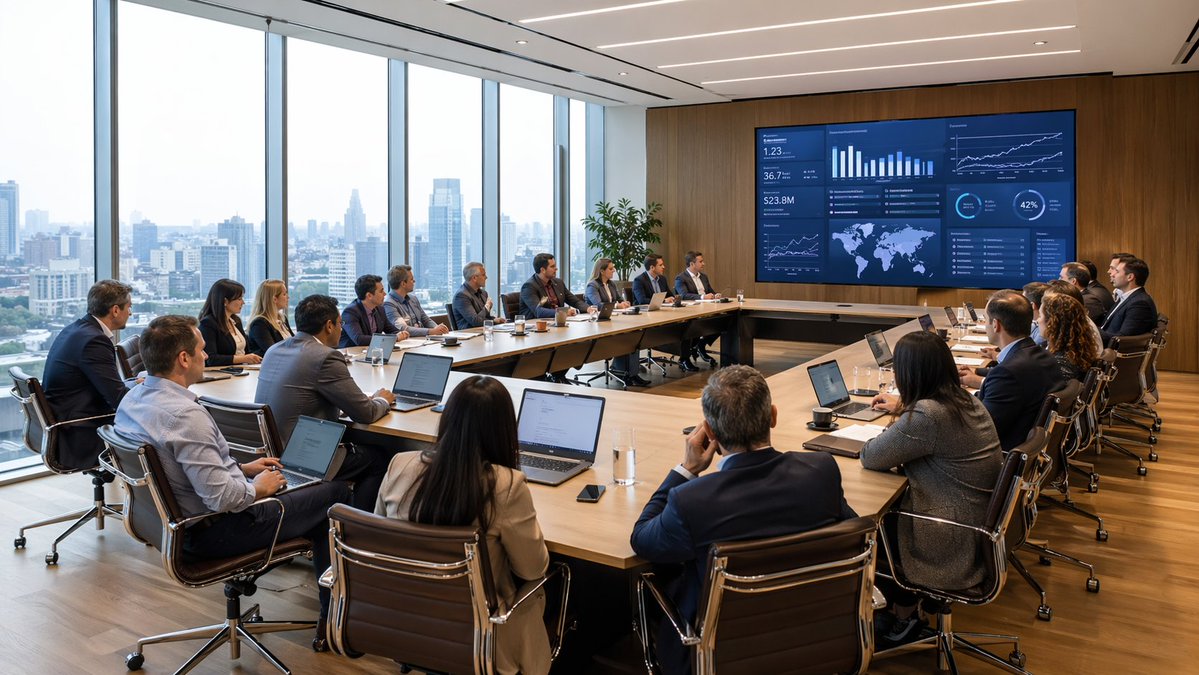 信息图 GPT Image 2 提示词：Modern Boardroom Analytics Meeting