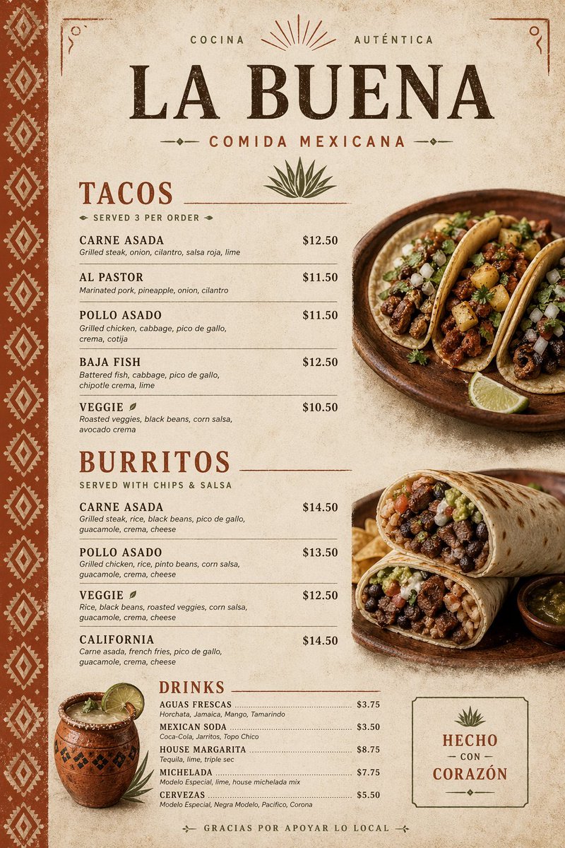 创意灵感 GPT Image 2 提示词：Modern Mexican Restaurant Menu Design