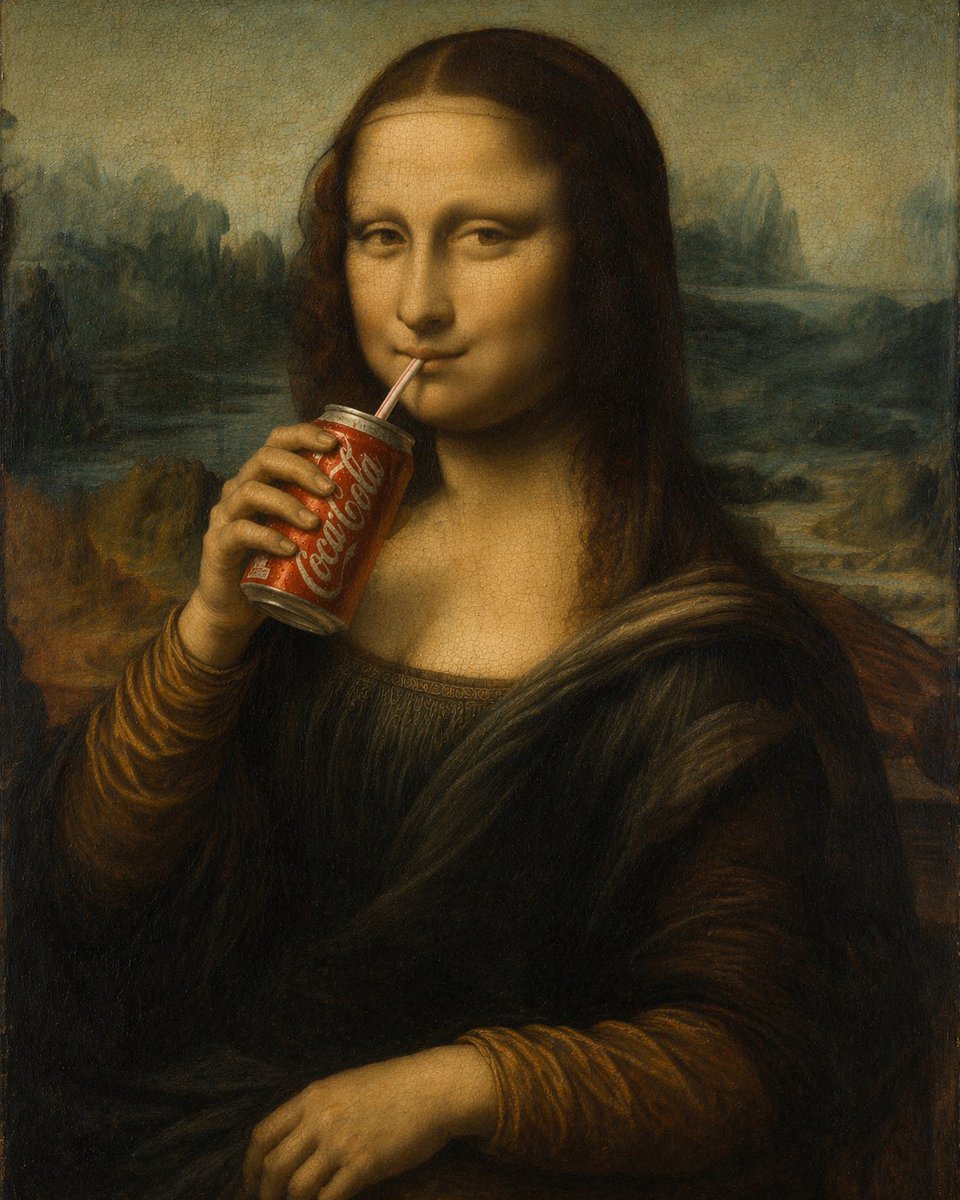 角色设定 GPT Image 2 提示词：Mona Lisa Drinking Coke Oil Painting