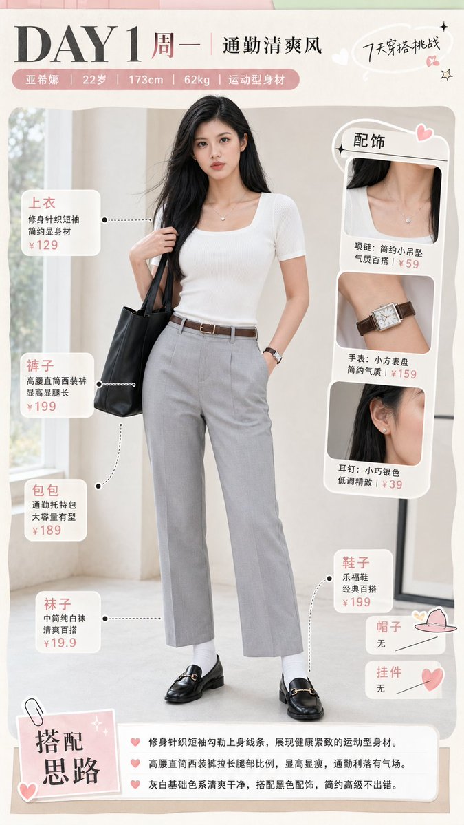 产品视觉 GPT Image 2 提示词：Monday Commuter Outfit Infographic