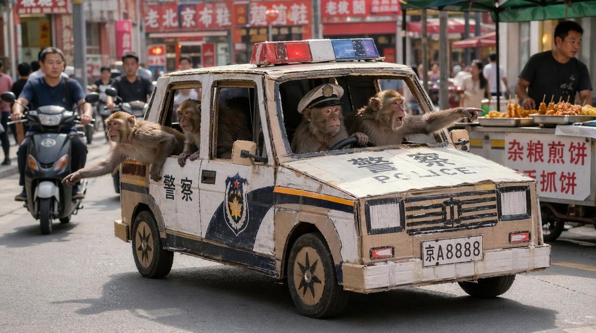 产品视觉 GPT Image 2 提示词：Monkey Patrol in Cardboard Police Car