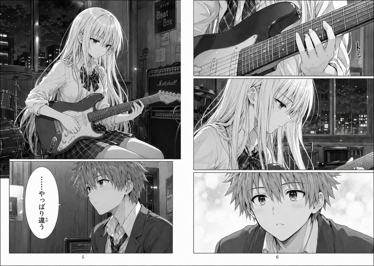 产品视觉 GPT Image 2 提示词：Monochrome Manga Guitar Studio Page