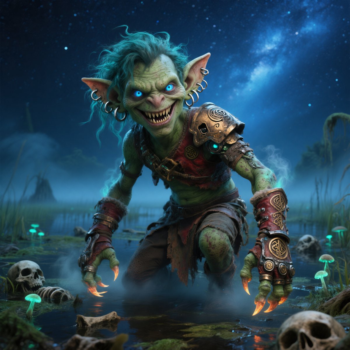 角色设定 GPT Image 2 提示词：Moonlit Swamp Goblin Warrior