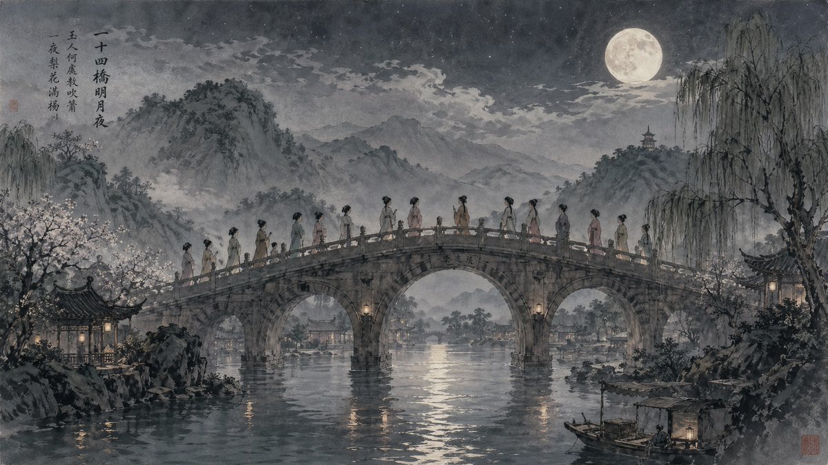 角色设定 GPT Image 2 提示词：Moonlit Twenty-Four Bridges Painting