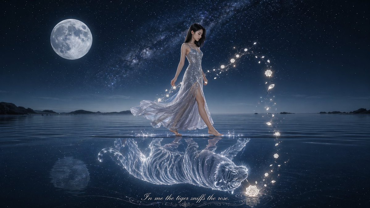 产品视觉 GPT Image 2 提示词：Moonlit Woman and Tiger Reflection