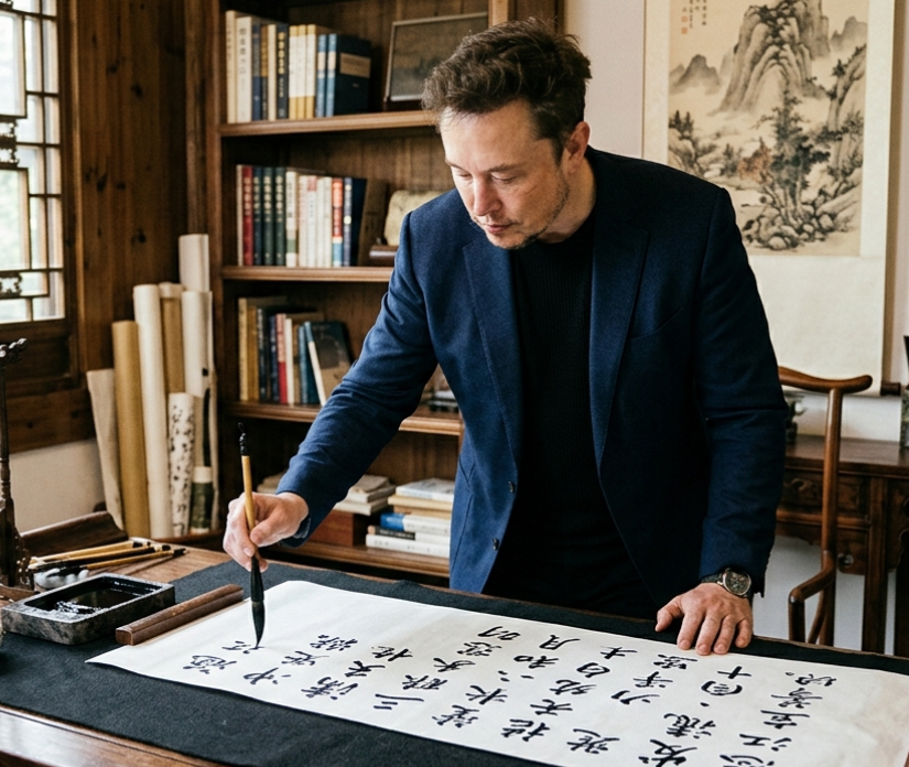 界面稿 GPT Image 2 提示词：Musk Writing Chinese Calligraphy