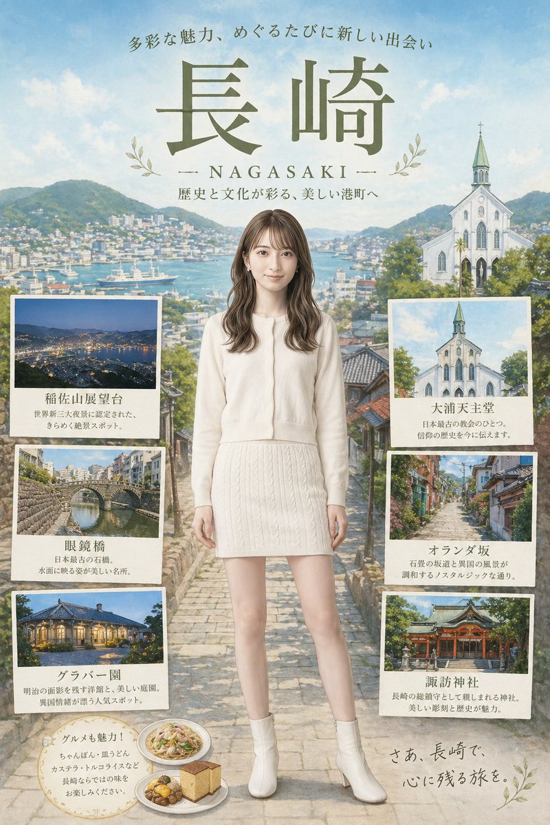 产品视觉 GPT Image 2 提示词：Nagasaki Travel Poster with Central Woman