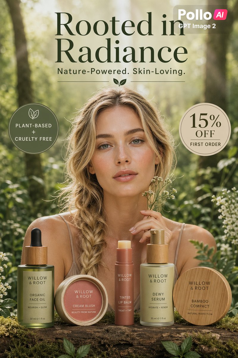 产品视觉 GPT Image 2 提示词：Natural Skincare Forest Ad Poster
