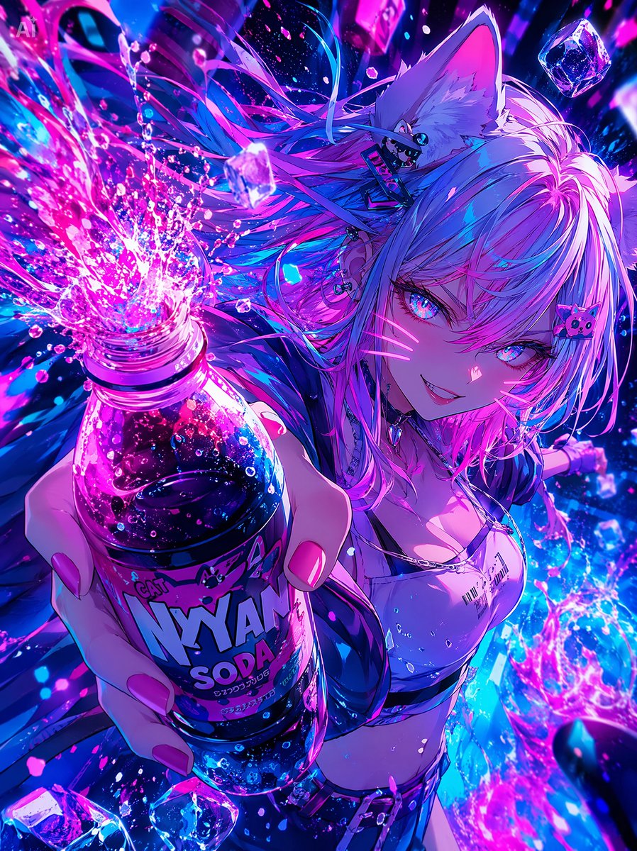 产品视觉 GPT Image 2 提示词：Neon Catgirl Soda Ad