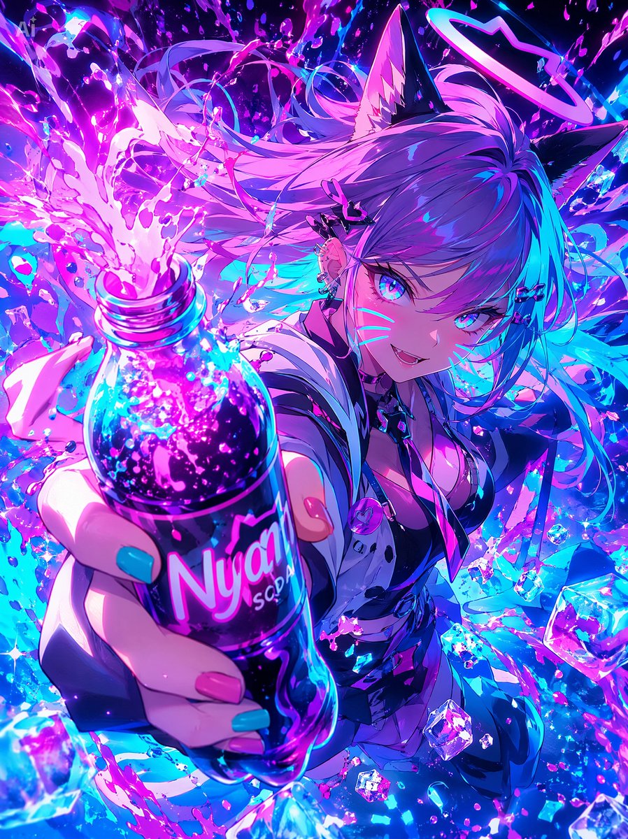 产品视觉 GPT Image 2 提示词：Neon Catgirl Soda Burst