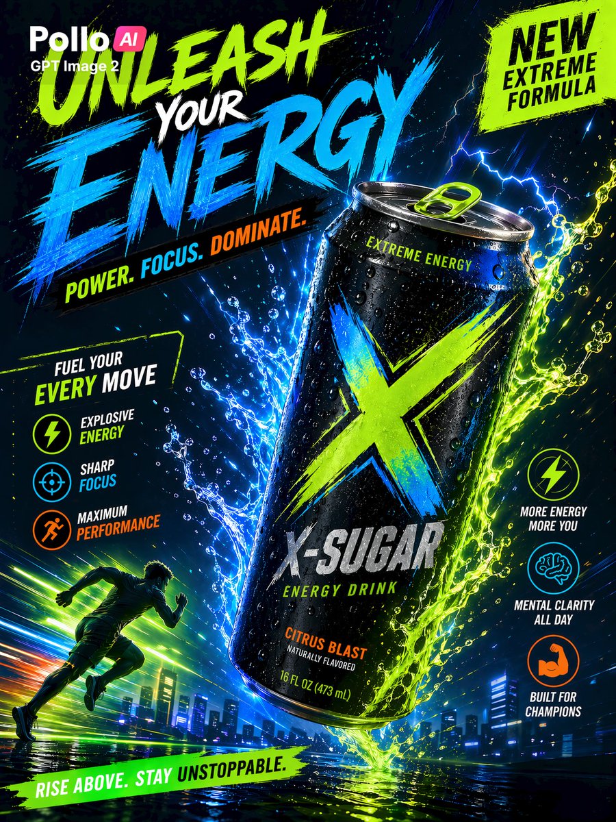 产品视觉 GPT Image 2 提示词：Neon Energy Drink Sports Poster