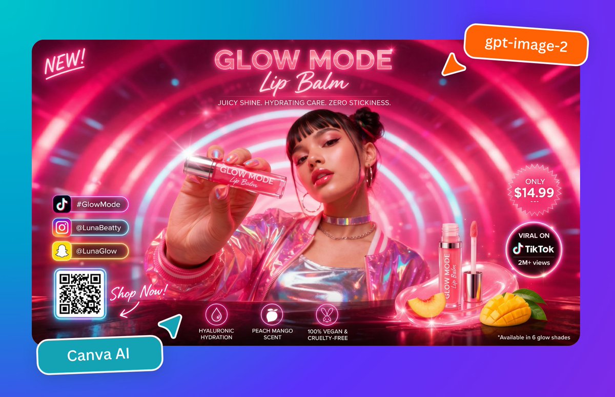 产品视觉 GPT Image 2 提示词：Neon Lip Balm Launch Ad