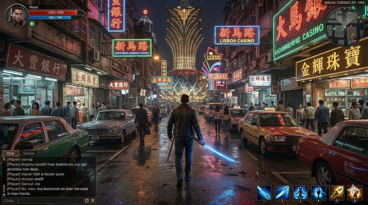信息图 GPT Image 2 提示词：Neon Macau RPG Street Battle HUD