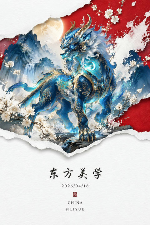 角色设定 GPT Image 2 提示词：荧光蓝穷奇新中式山水画