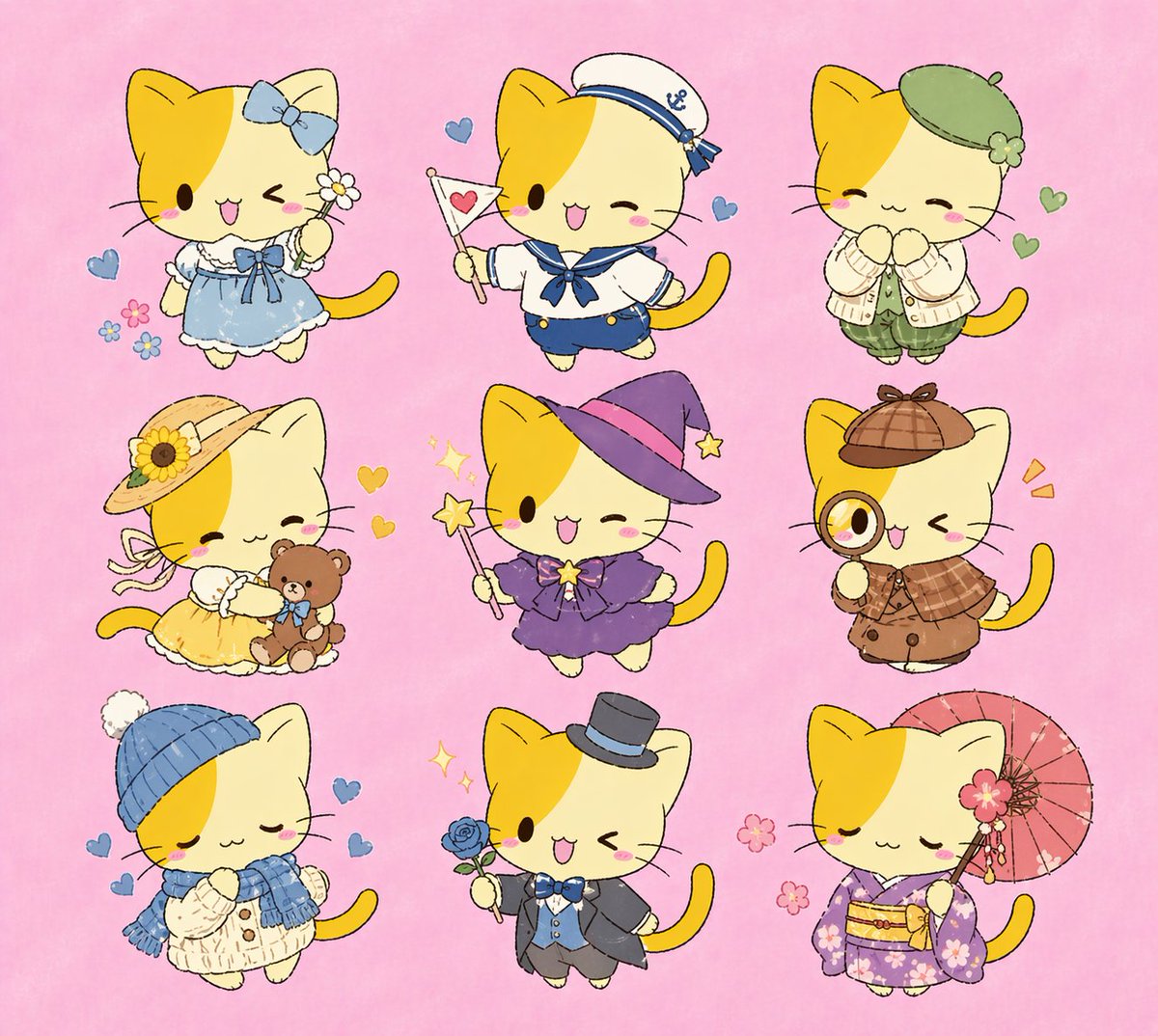 界面稿 GPT Image 2 提示词：Nine Chibi Kitten Costume Variants