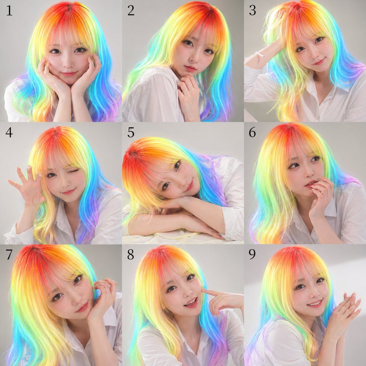 产品视觉 GPT Image 2 提示词：Nine-Panel Rainbow Hair Portrait Sheet