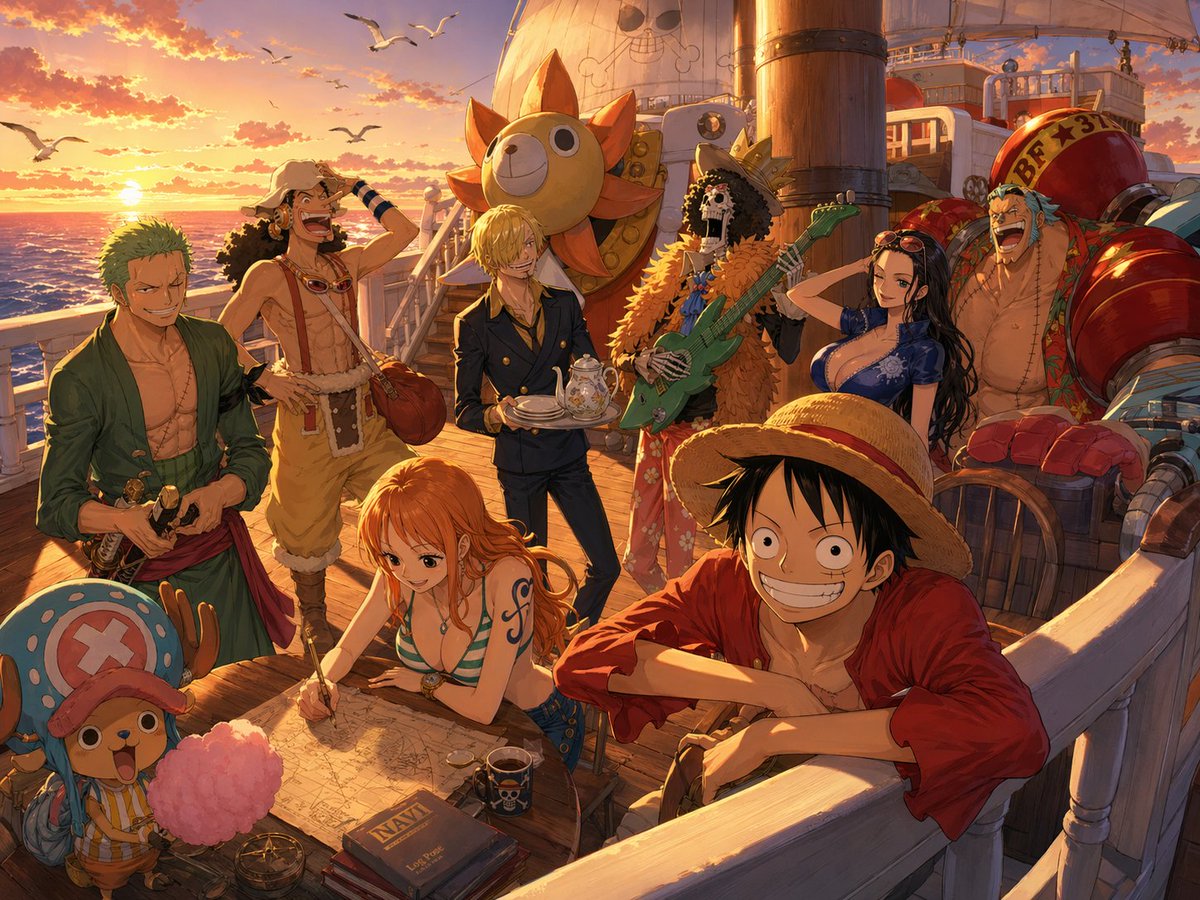 信息图 GPT Image 2 提示词：One Piece Straw Hat Crew at Sunset