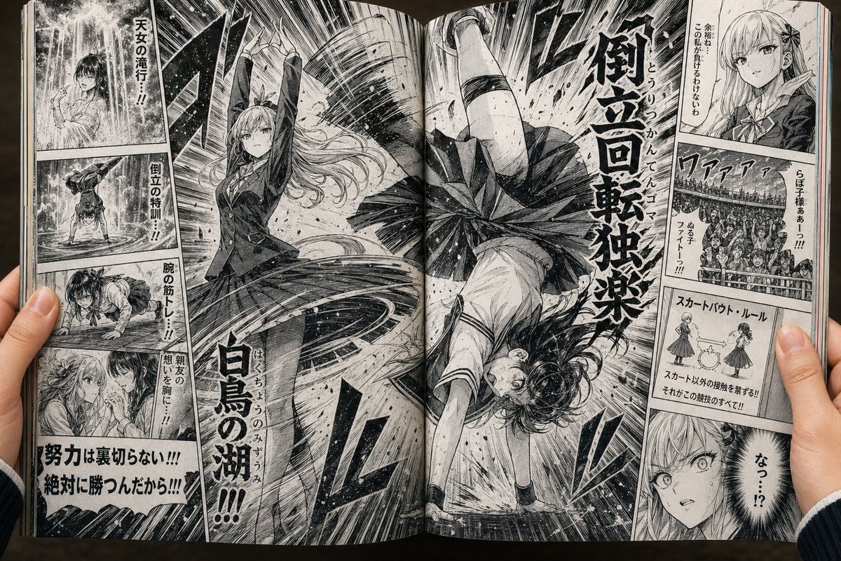 产品视觉 GPT Image 2 提示词：Open Manga Spread of Skirt Battle