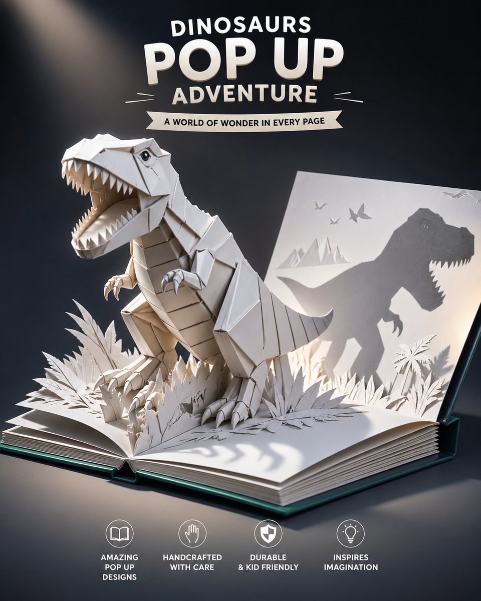 产品视觉 GPT Image 2 提示词：Origami Dinosaur Pop-Up Book Ad