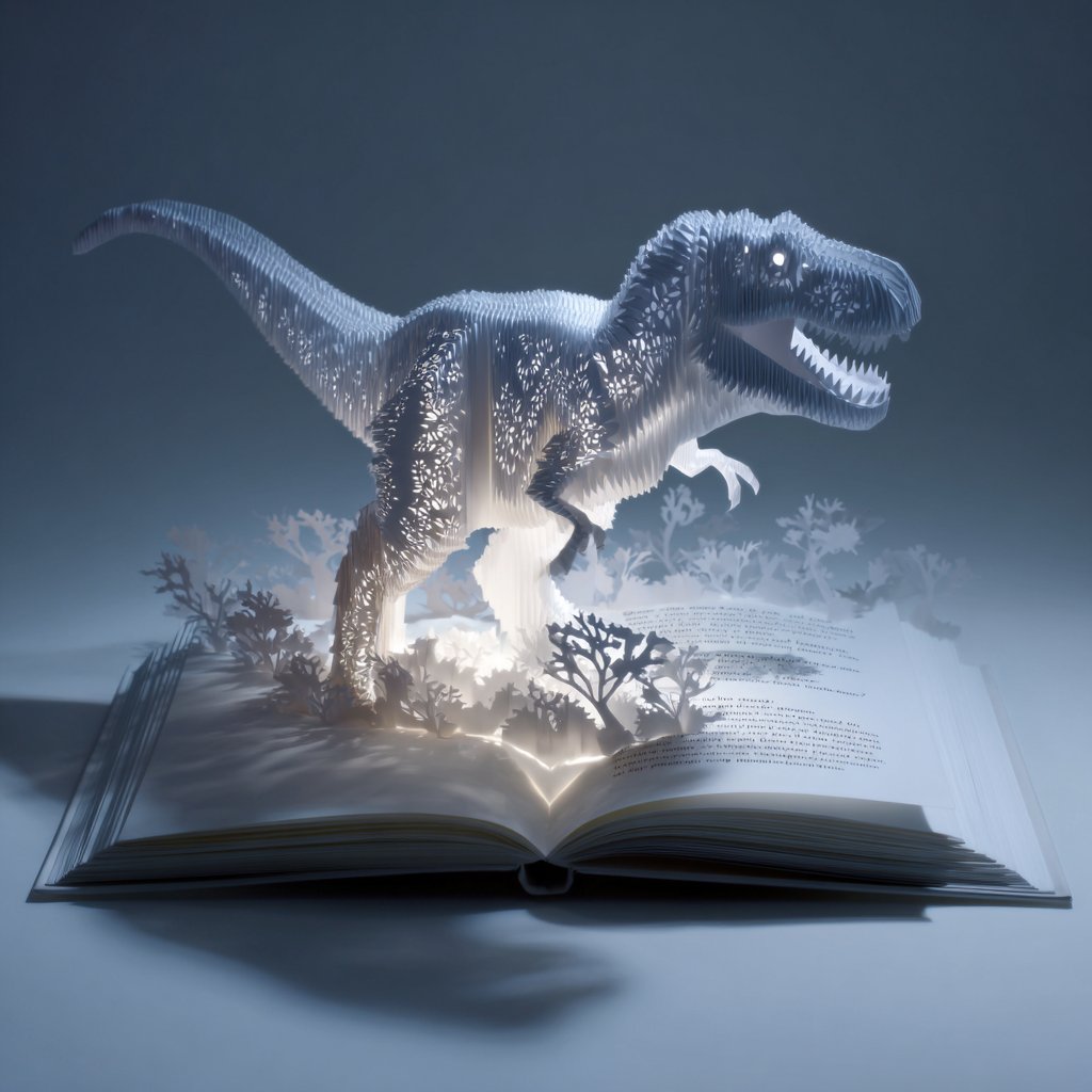 产品视觉 GPT Image 2 提示词：Origami Pop-Up T-Rex Book Ad