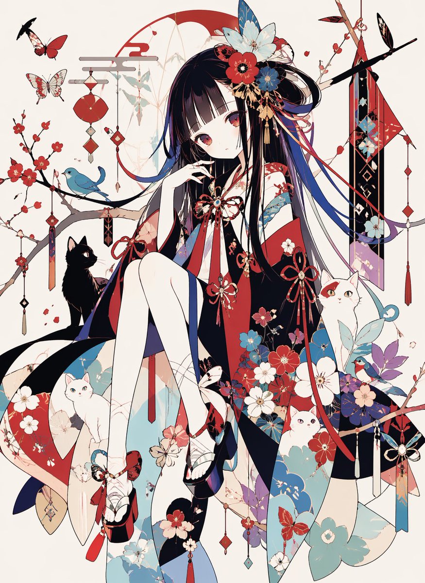产品视觉 GPT Image 2 提示词：Ornamental Kimono Girl with Cats