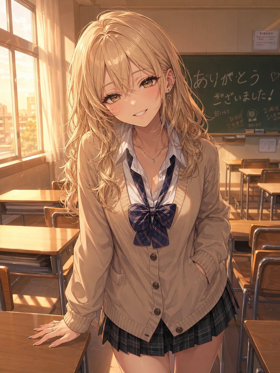 界面稿 GPT Image 2 提示词：Otaku-Friendly Gyaru in Sunset Classroom