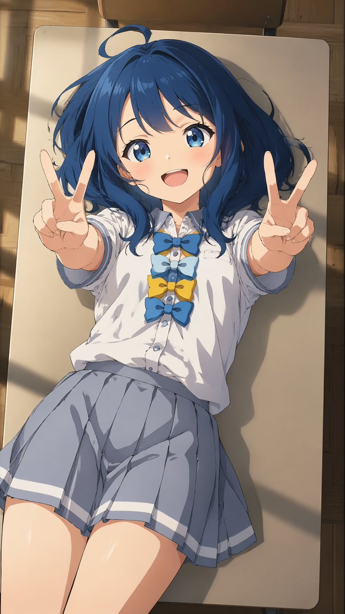 产品视觉 GPT Image 2 提示词：Overhead Anime Girl Peace Sign Portrait