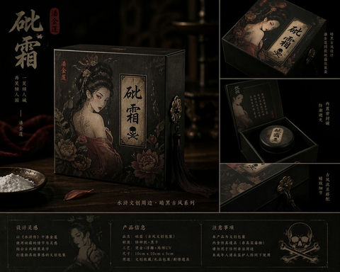 产品视觉 GPT Image 2 提示词：潘金莲砒霜古风暗黑包装盒设计