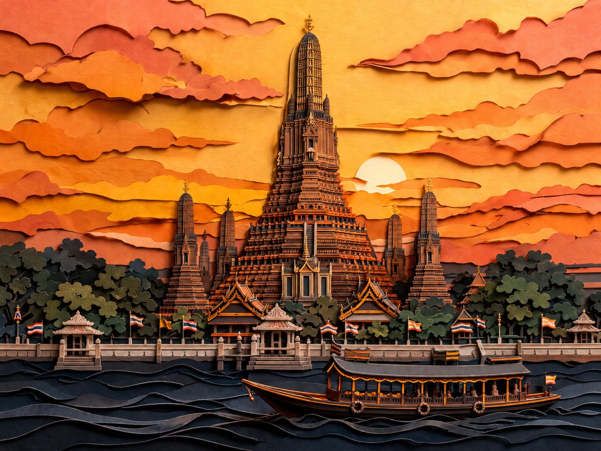 产品视觉 GPT Image 2 提示词：Papercut Wat Arun at Sunset