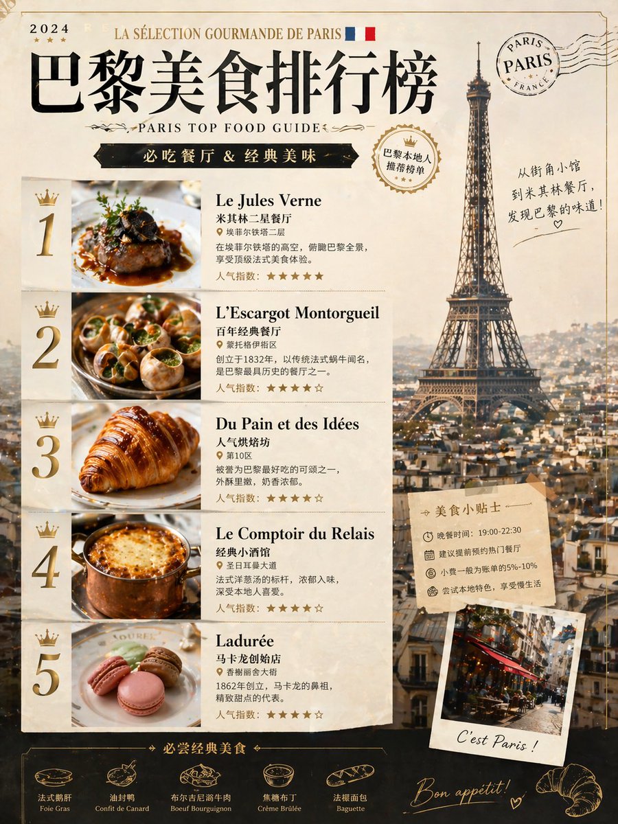 产品视觉 GPT Image 2 提示词：Paris Food Ranking Poster Prompt