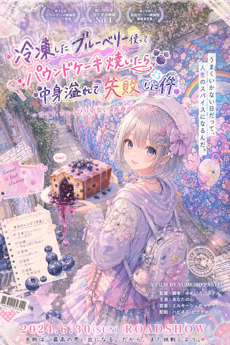产品视觉 GPT Image 2 提示词：Pastel Anime Blueberry Cake Movie Poster