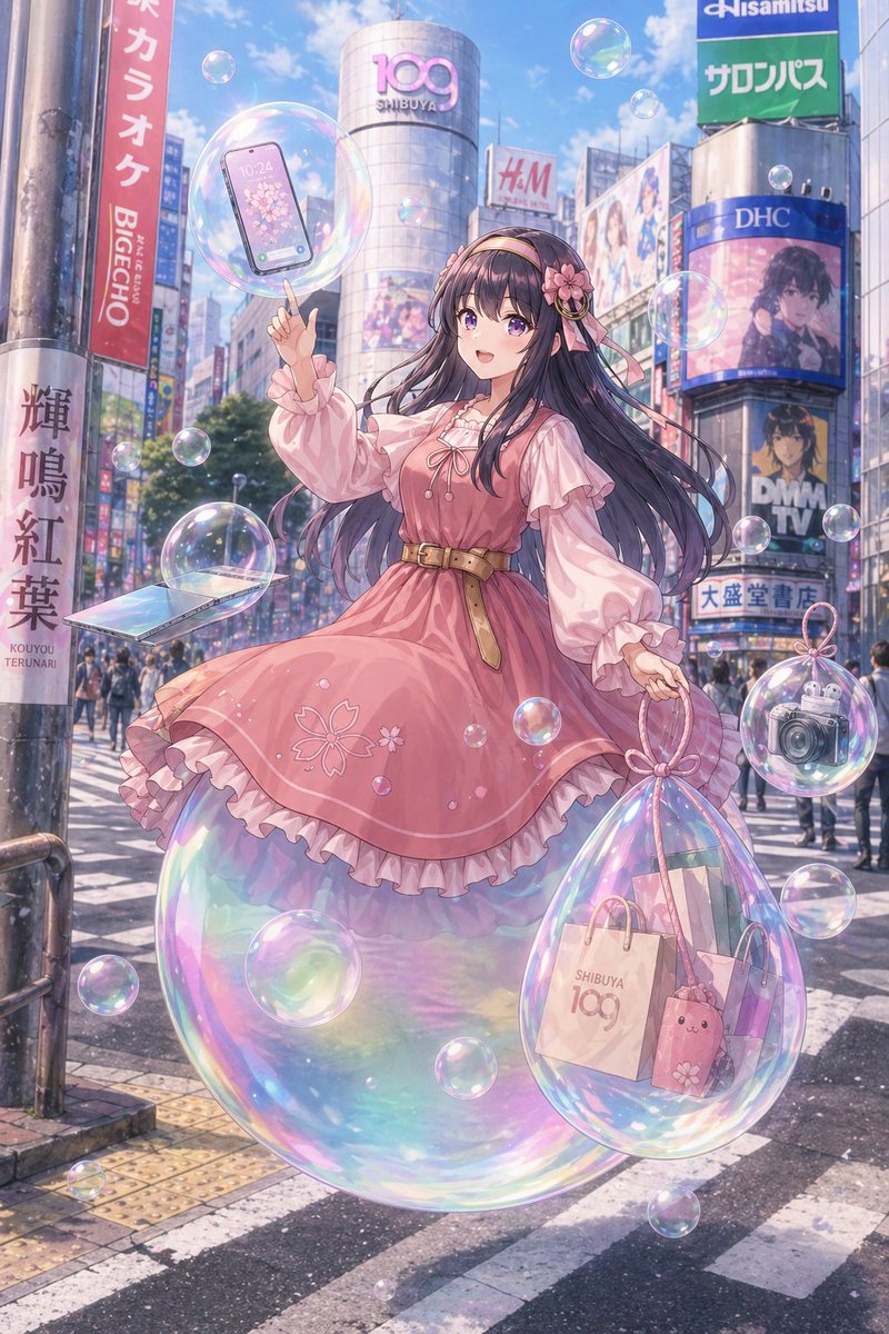 界面稿 GPT Image 2 提示词：Pastel Anime Girl at Shibuya Crossing