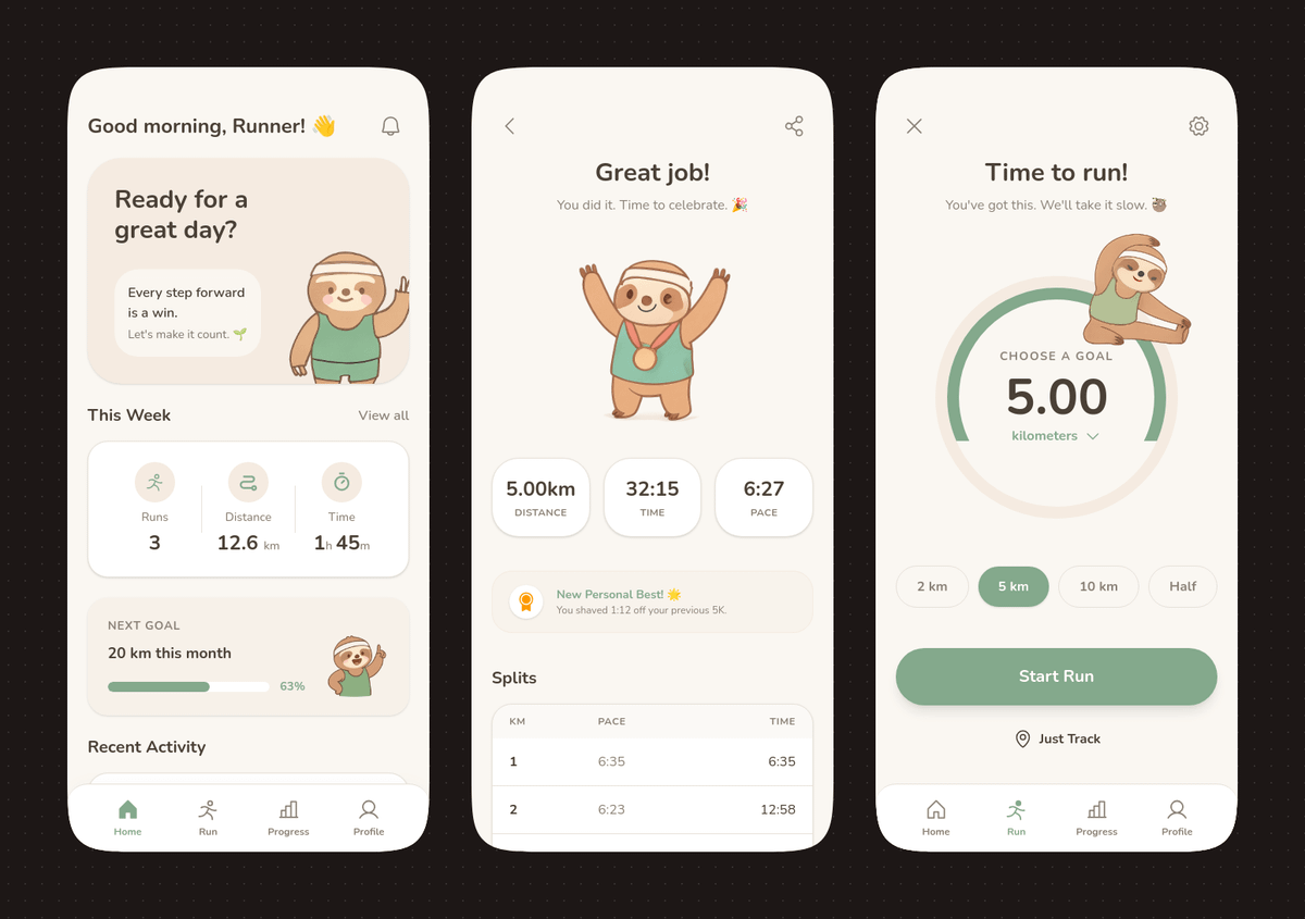 产品视觉 GPT Image 2 提示词：Pastel Running App UI with Sloth Mascot